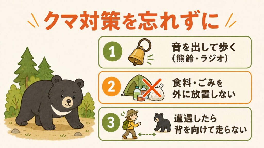 図解:クマ対策。音を出して歩く・食料やごみを放置しない・遭遇時は背を向けて走らない
