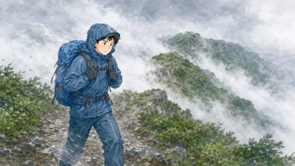 濃い霧と風の中でレインウェアを着て歩く登山者