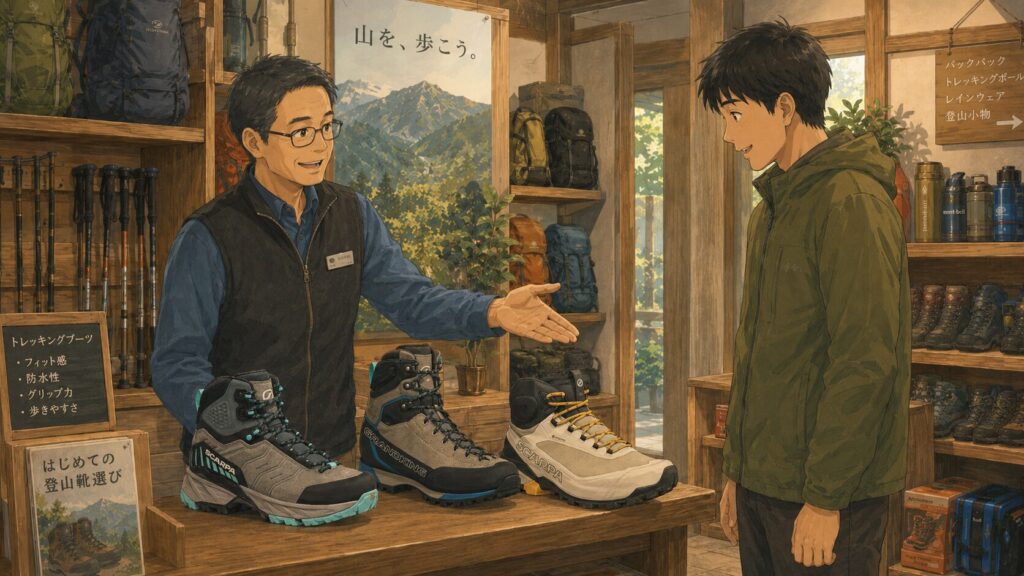 登山用品店で店員に相談し、候補の登山靴を3足並べて提案してもらっているイラスト