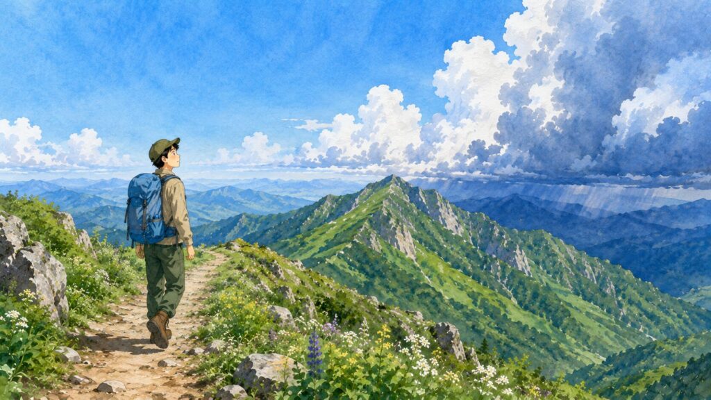 夏山の稜線を歩く登山者と遠くに湧き始める入道雲