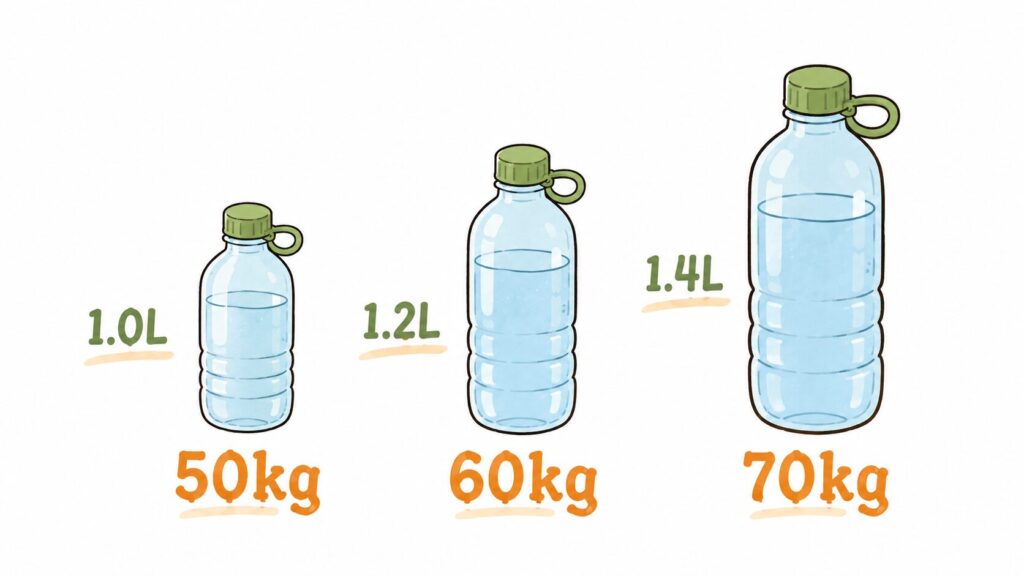 体重別に必要な水分量をボトルの大きさで比較した図解イラスト
