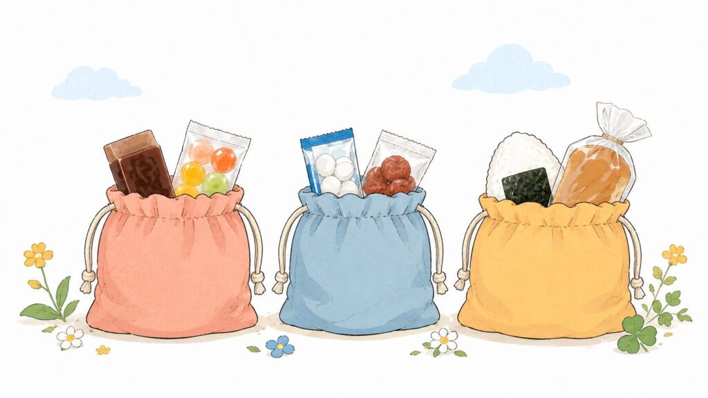 甘いもの・しょっぱいもの・腹持ちするものが入った3つの巾着袋のイラスト