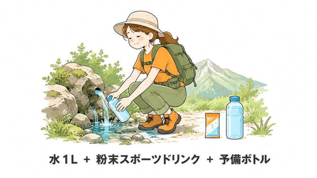 山の水場でボトルに水を汲む女性ハイカーのイラスト