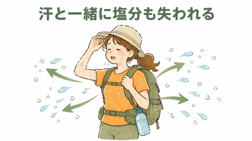 汗と一緒に塩分が失われる様子を表した図解イラスト