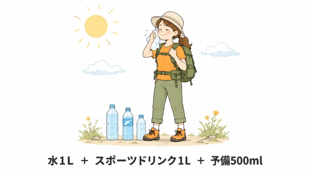 炎天下で汗を拭く女性ハイカーと3本の飲み物を描いた図解イラスト