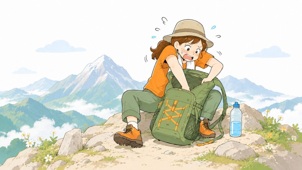 山頂でザックの奥から行動食を探して慌てる女性ハイカーのイラスト