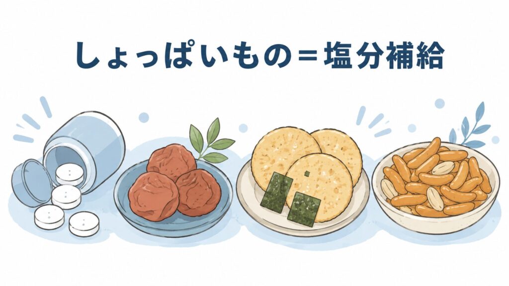 塩分タブレット・干し梅・塩せんべい・柿の種などしょっぱい行動食のイラスト
