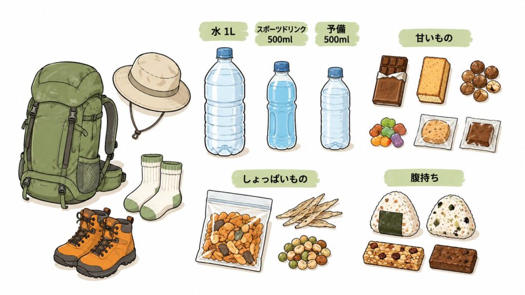 水1L・スポーツドリンク500mlなどラベル付きで持ち物を並べた図解イラスト