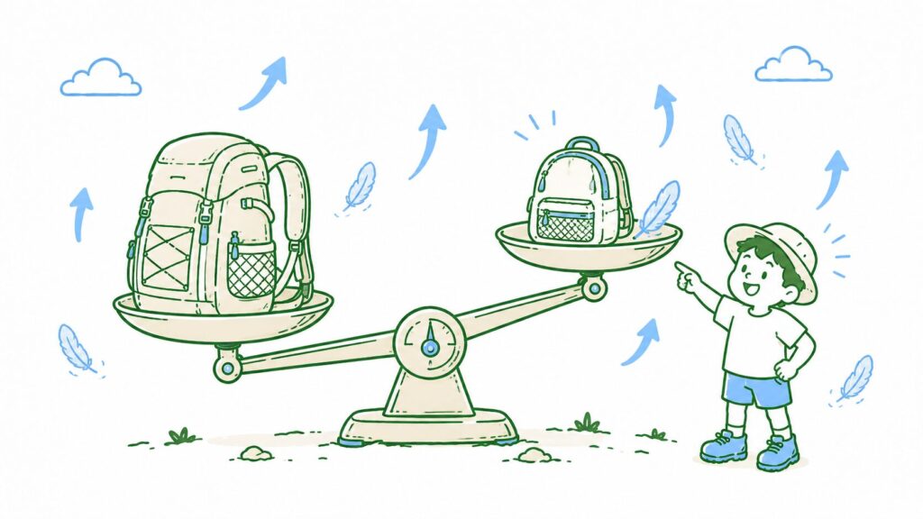 天秤で大小のザックの重さを比べる、テント泊装備の軽量化をイメージしたイラスト