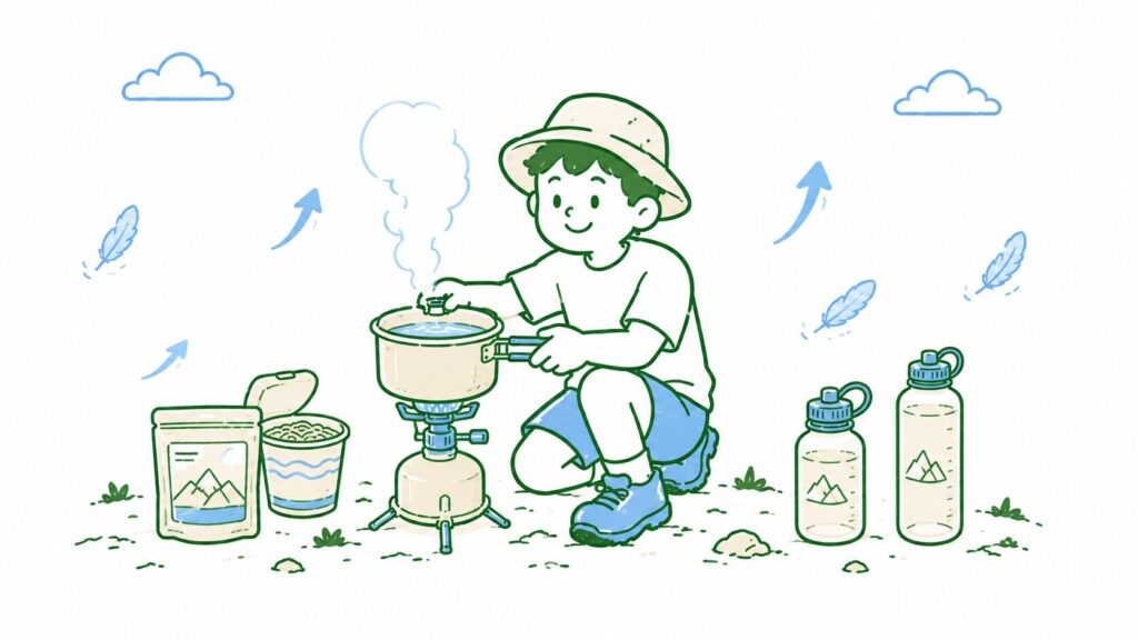 バーナーでお湯を沸かして山ごはんの準備をする登山者のイラスト
