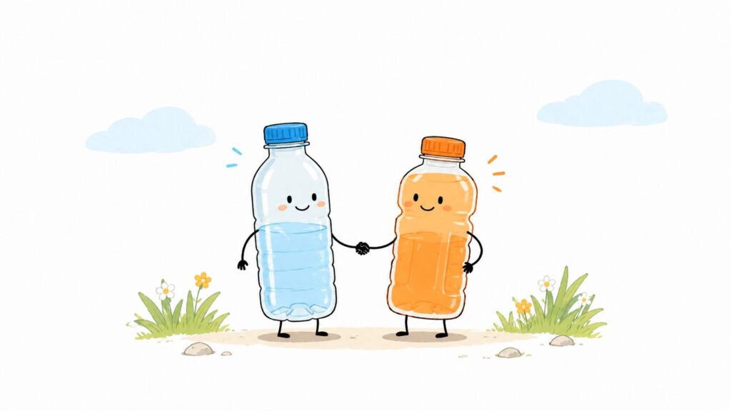 水とスポーツドリンクのボトルが握手しているかわいいイラスト