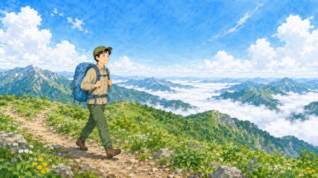 青空の下、雲海を見渡す稜線を歩く登山者