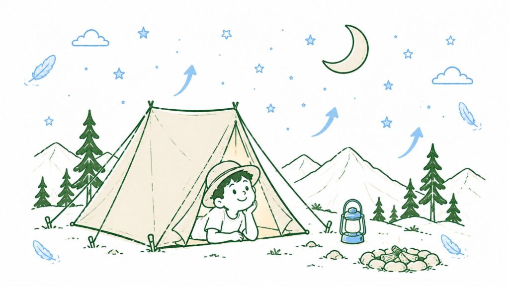 星空の下、テントの中でくつろぐ登山者のイラスト