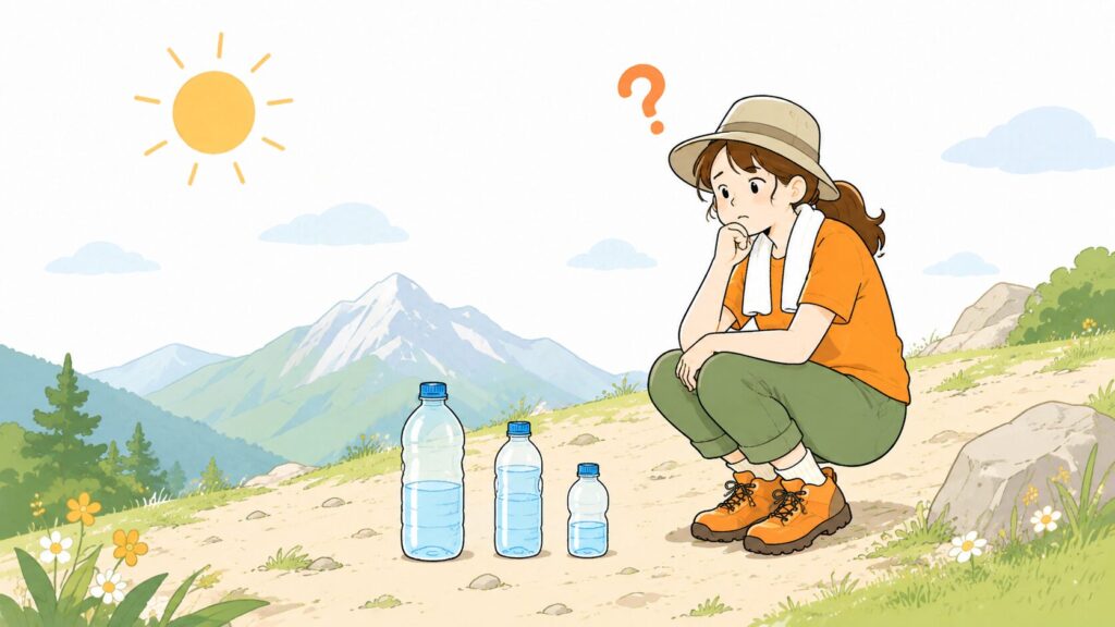 必要な水分量に迷ってサイズ違いのボトルを見比べる女性ハイカーのイラスト
