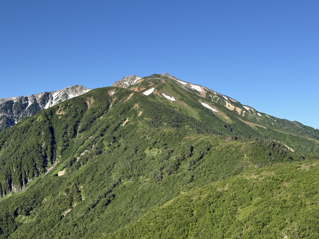 「ザ・夏山」の景色。空の青、山の緑、至るところに残る雪渓（スゴ乗越付近から薬師岳方面）