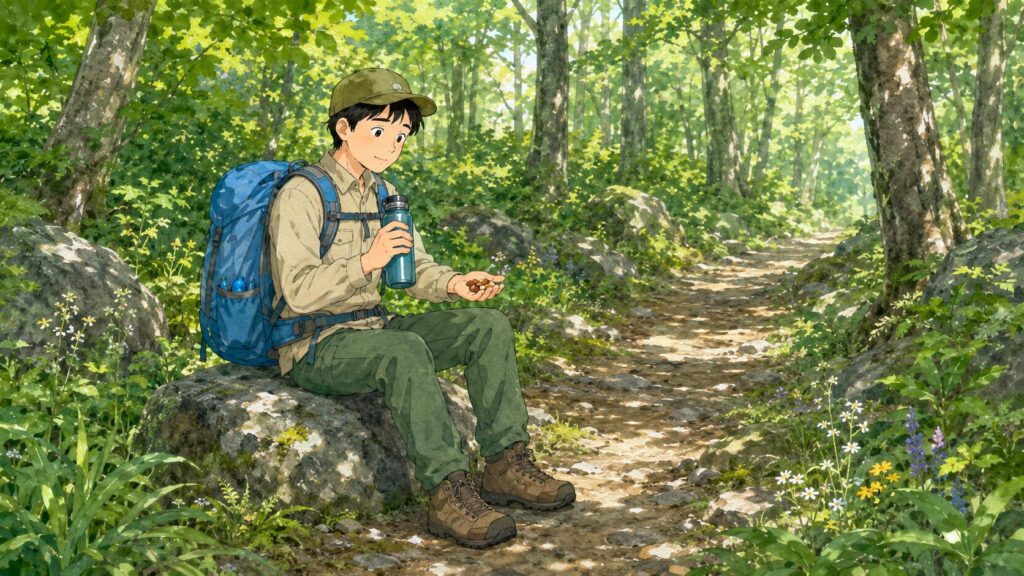樹林帯の登山道で休憩し水分と行動食をとる登山者