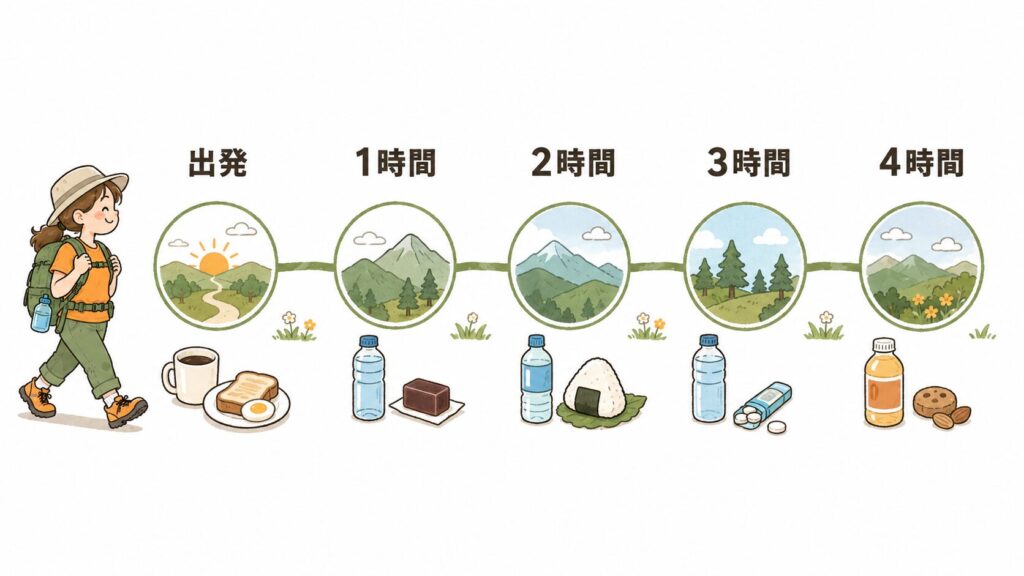 出発から下山までの補給タイミングを表したタイムラインの図解イラスト