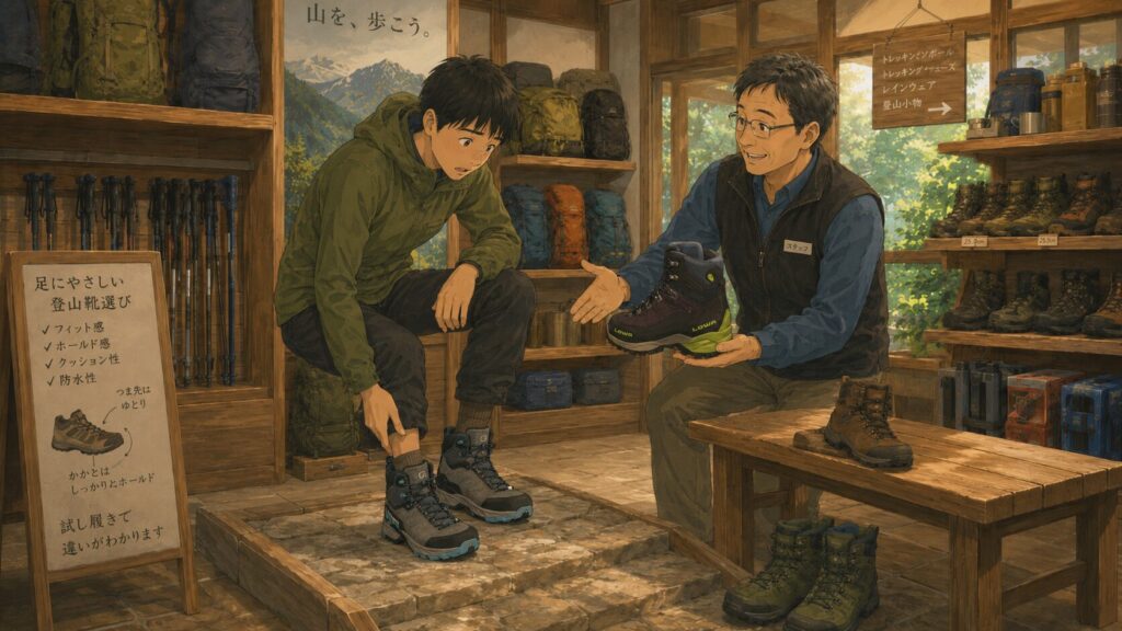 登山用品店で試し履きをしながら、店員からLOWAの登山靴を差し出されているイラスト