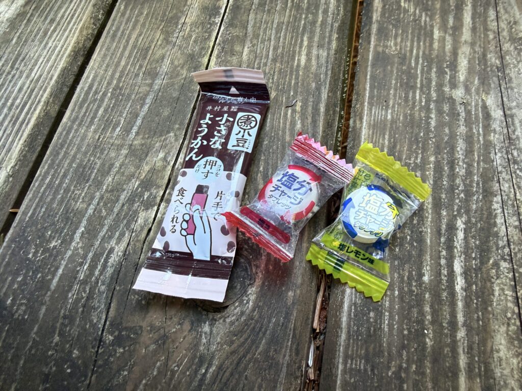 ここでの行動食。塩分タブレット2個と一口ようかん