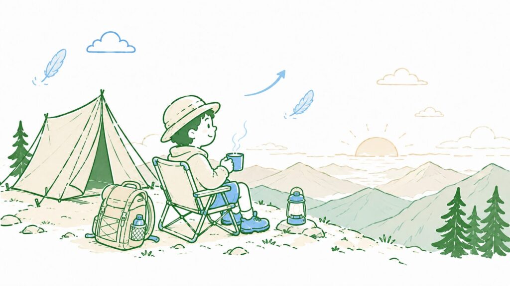 朝焼けの山でテントの前に座ってコーヒーを飲む登山者のイラスト