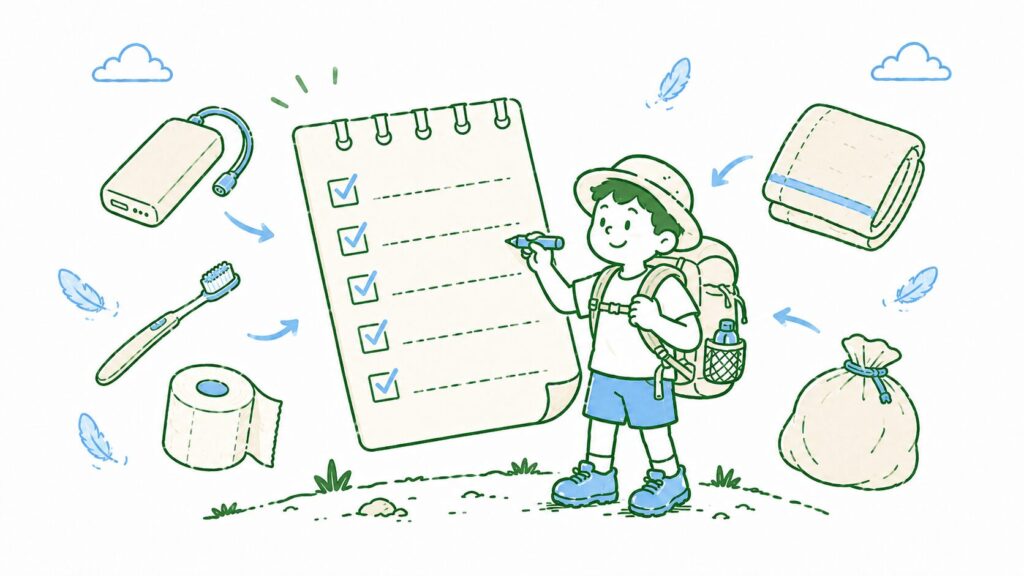 テント場で使う生活用品をチェックリストで確認する登山者のイラスト