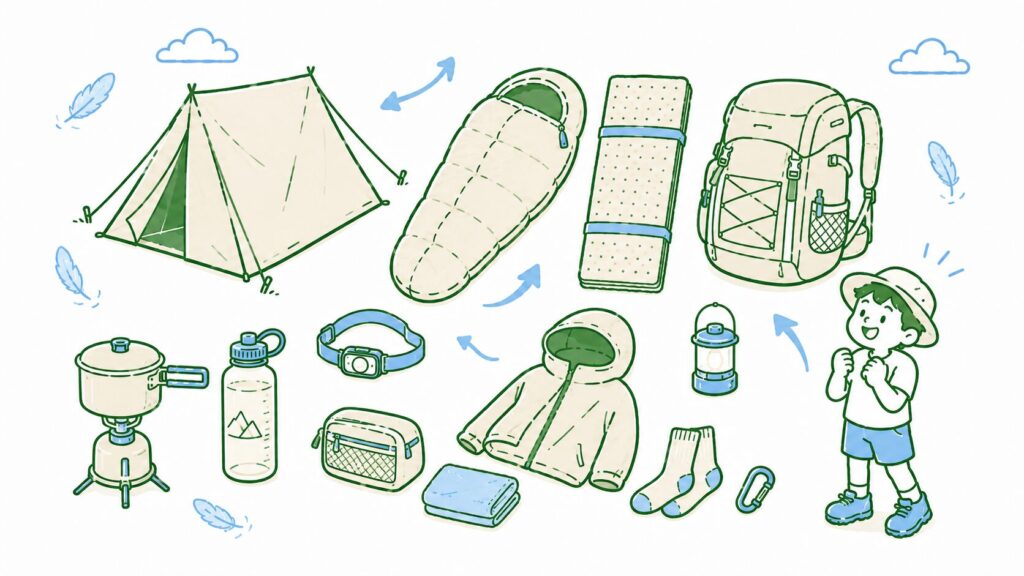 テント泊登山に必要な装備が登山者の周りに並んだイラスト