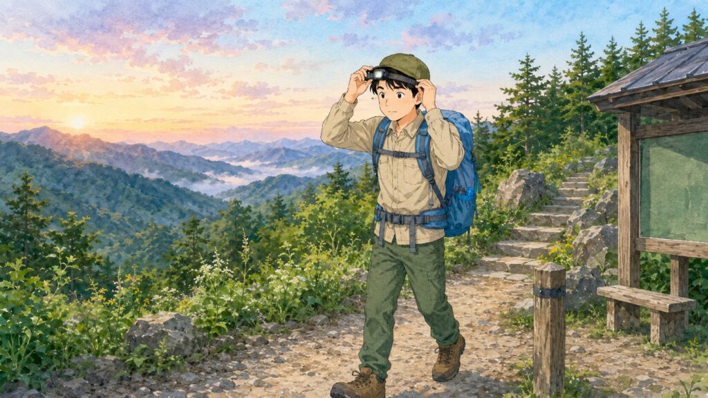 朝焼けの登山口をヘッドライトを外して出発する登山者