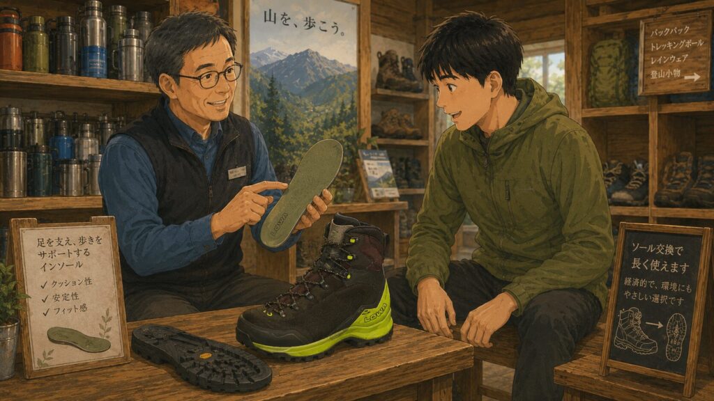 登山用品店で店員がインソールを見せながら足のサポートについて説明しているイラスト
