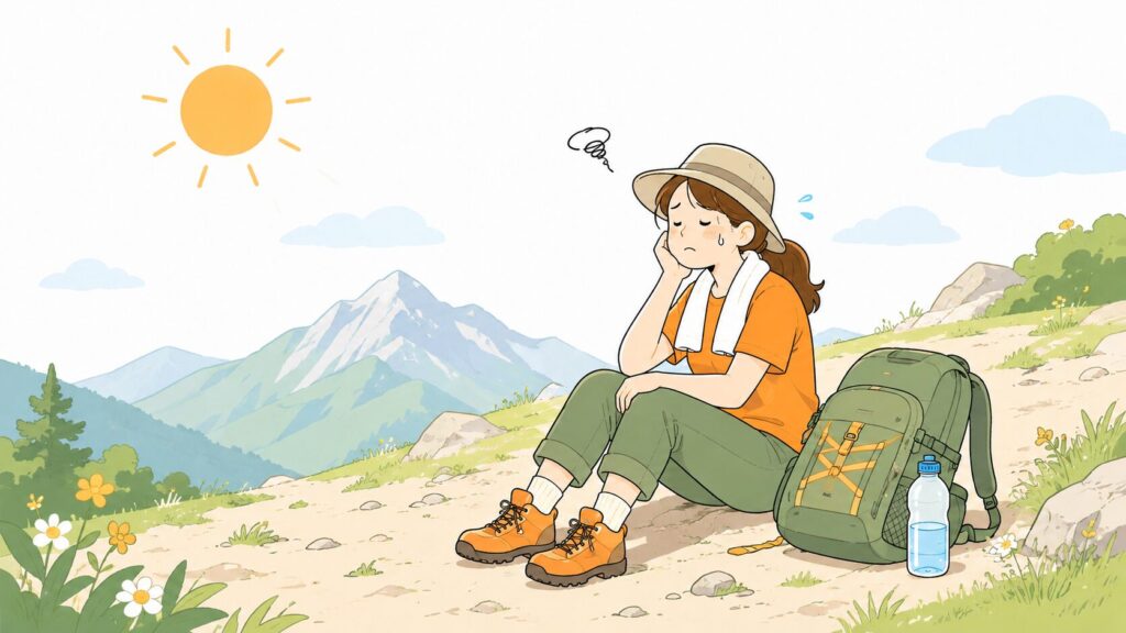 夏山の登山道で、水のボトルを持ったまま疲れて座り込む女性ハイカーのイラスト