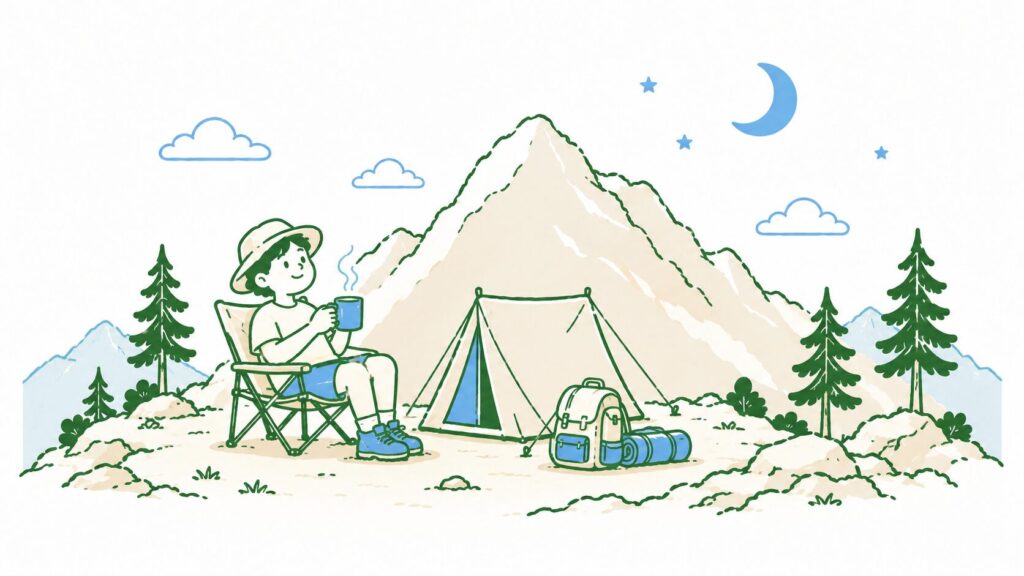 夜の山でテントの横に座り、温かい飲み物を楽しむ登山者のイラスト