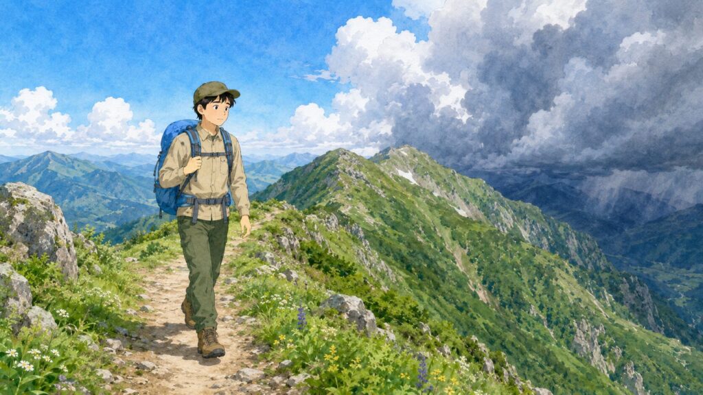 稜線を歩く登山者の背後に迫る暗い積乱雲