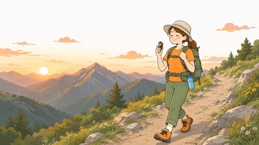 夕暮れの山道を笑顔で歩く女性ハイカーのイラスト