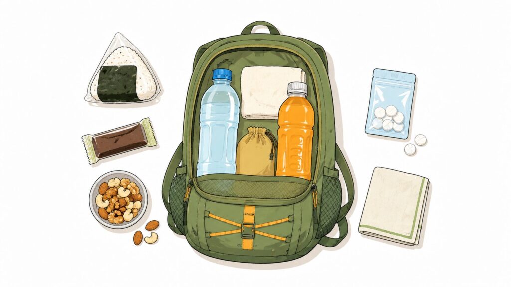 ザックと水・スポーツドリンク・行動食を並べた夏山の持ち物イラスト