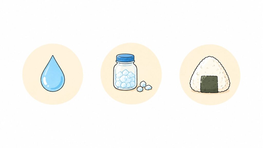 夏山でバテる3つの原因を表す水滴・塩・おにぎりのアイコンイラスト