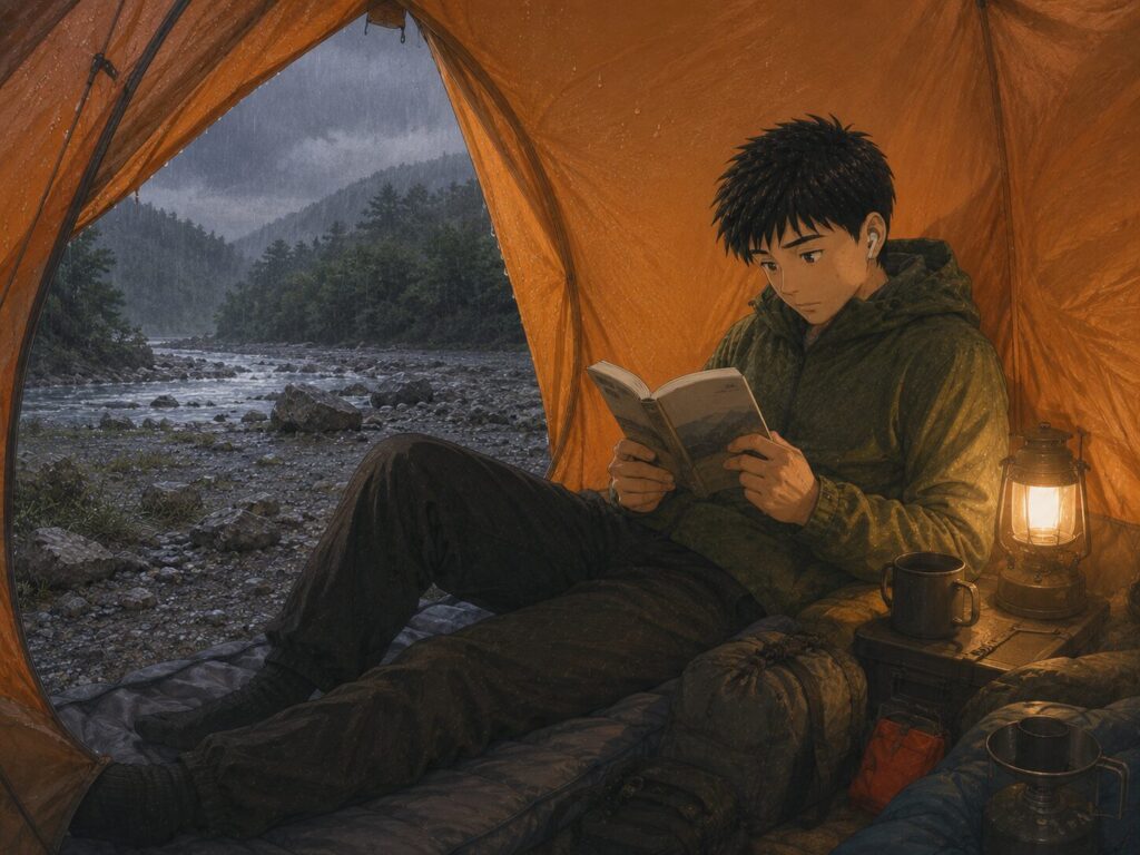 雨のテントの中で文庫本を読む場面のイメージイラスト
