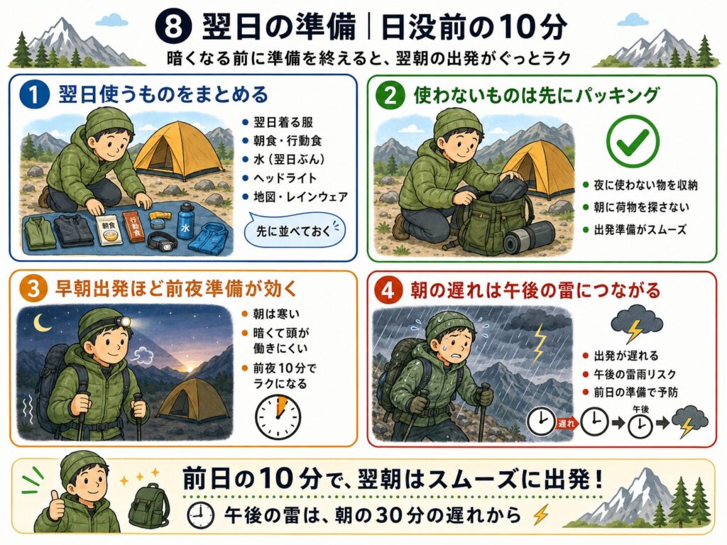 翌日の準備の4つのポイントを示したイラスト