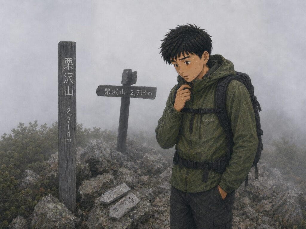 ガスに包まれた栗沢山の山頂に立つ場面のイメージイラスト