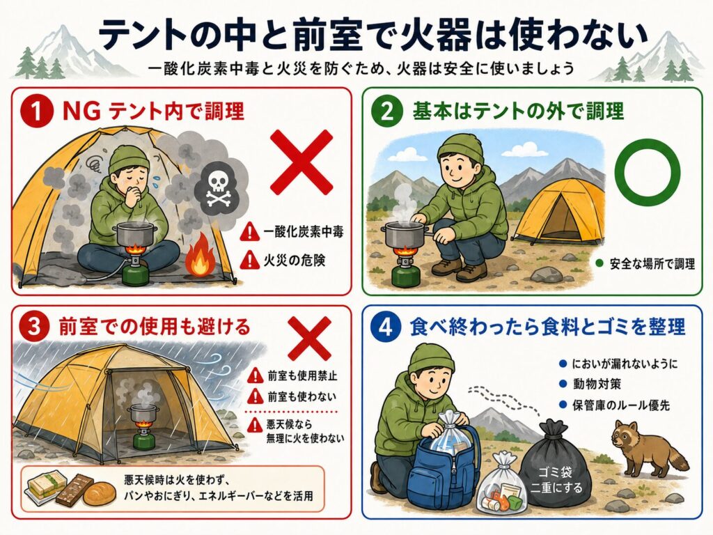 テント内と前室での火器使用を避けることを4つに分けて示したイラスト