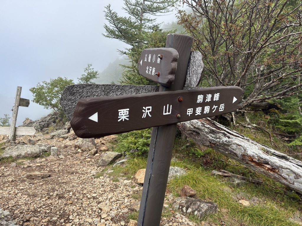 仙水峠の道標 周りはガスに覆われている