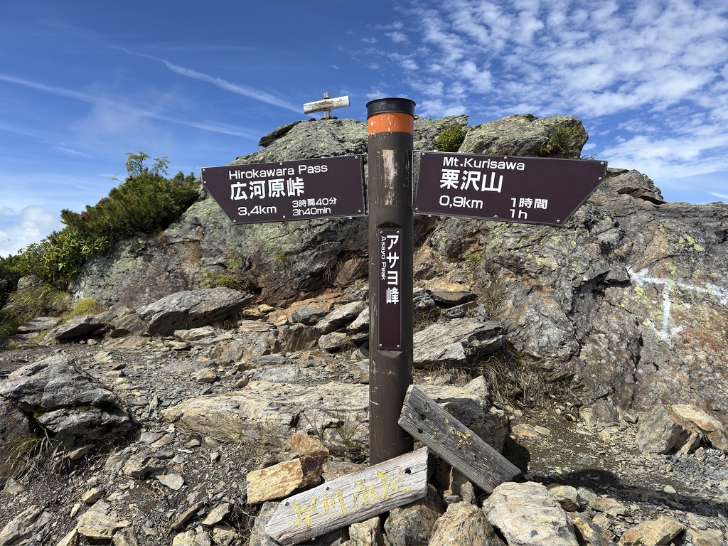 アサヨ峰の道標。広河原峠と栗沢山への距離が書かれている