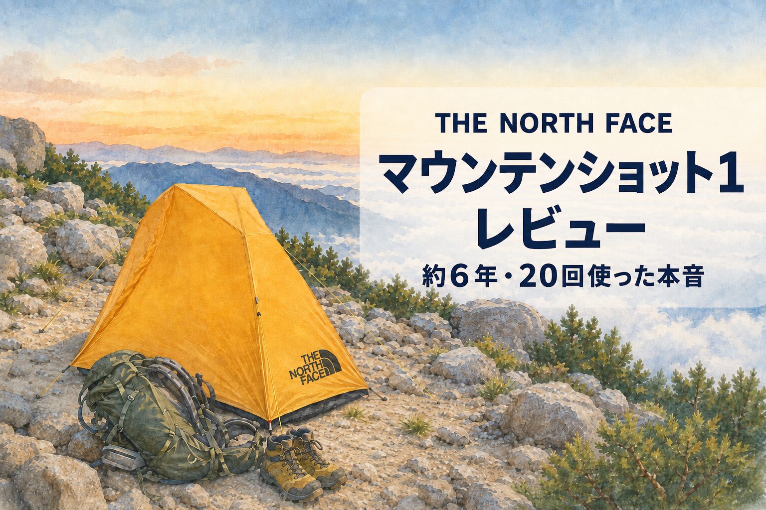 ノースフェイス マウンテンショット1を約6年・20回使った本音レビューのアイキャッチ。雲海の稜線に張った黄色いテントの水彩イラスト