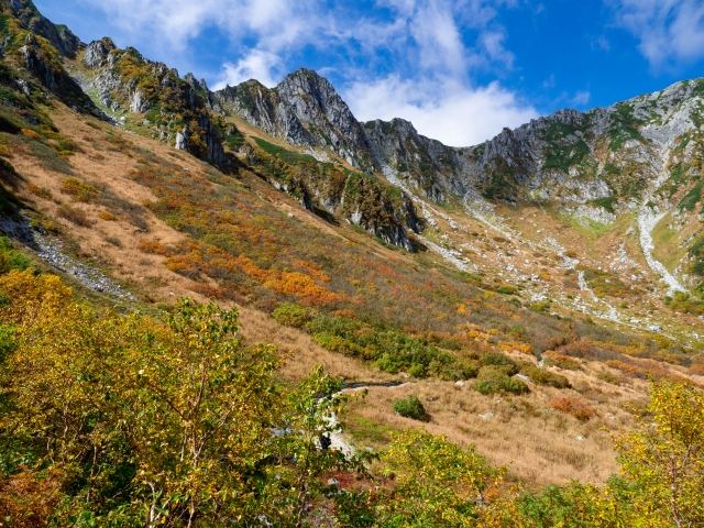 紅葉した千畳敷カールとカールを囲む岩稜