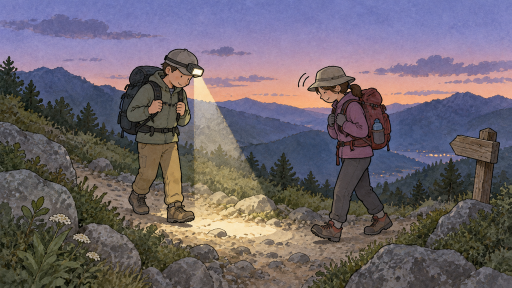 薄暮の登山道で、ヘッドランプの光を足元に落としてすれ違う登山者