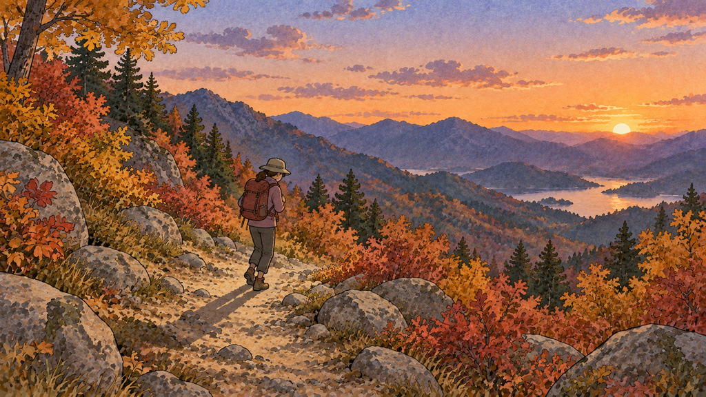 紅葉した秋の登山道を、夕日を背に下っていく登山者