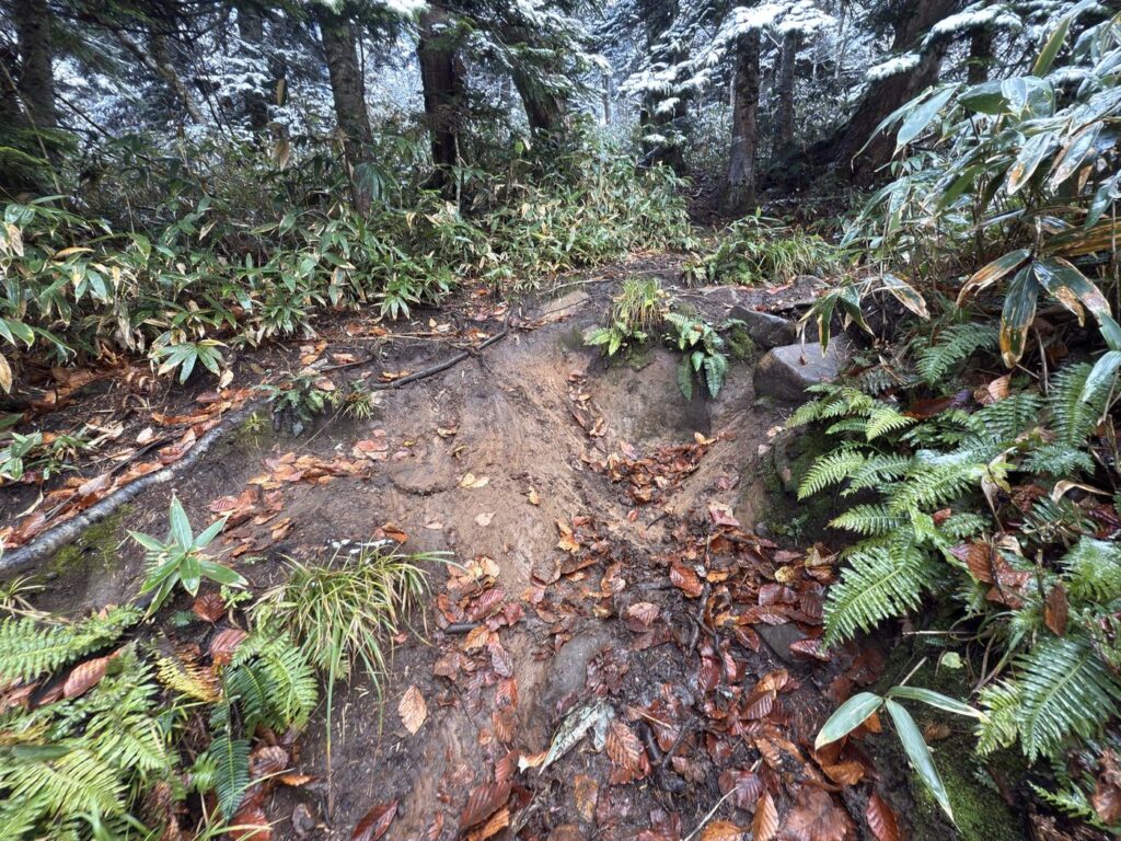 剣ヶ峰山からの急な下り。土と泥で滑ります