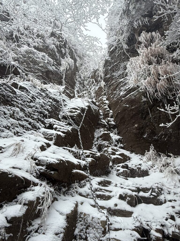 9時35分の鎖場。岩の段に雪が乗り、まわりの木は霧氷でした