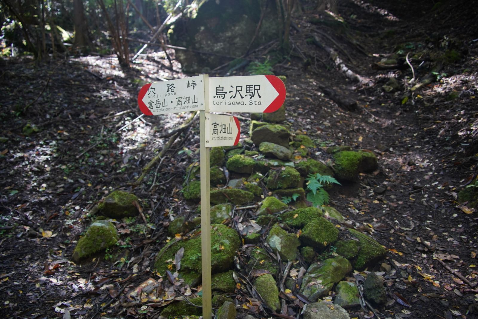 登山道の途中に立つ「鳥沢駅」の道標。