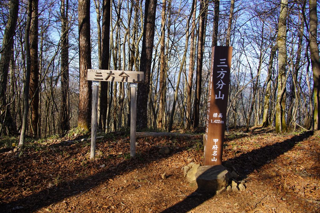 三方分山の山頂。標柱と道標が並んでいます。