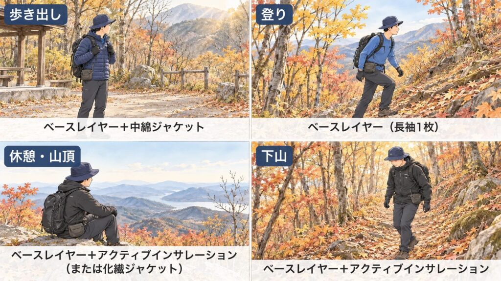 11月の私の服装。歩き出し・登り・休憩・下山で、着るものを入れ替えます