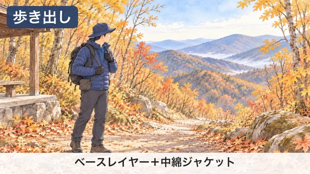 朝の登山口。長袖シャツの上に、中綿ジャケット